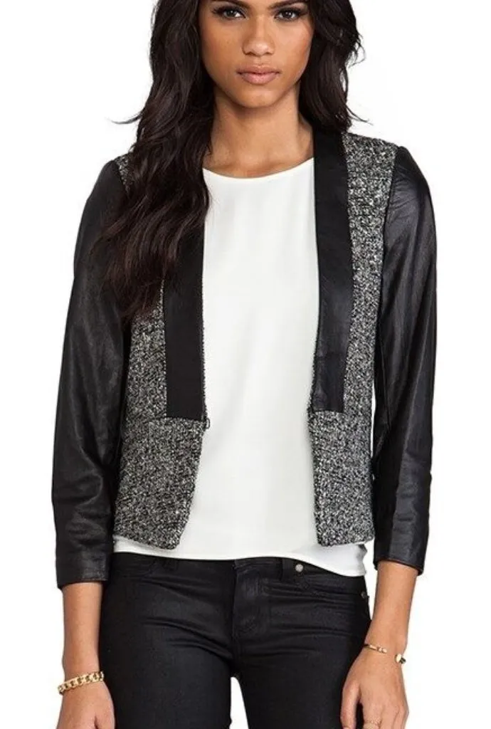 BY MALENE BIRGER Elegant Sway Chium Leather Tweed Blazer Jacket Size 36 US 4 NWT Black - Image 1