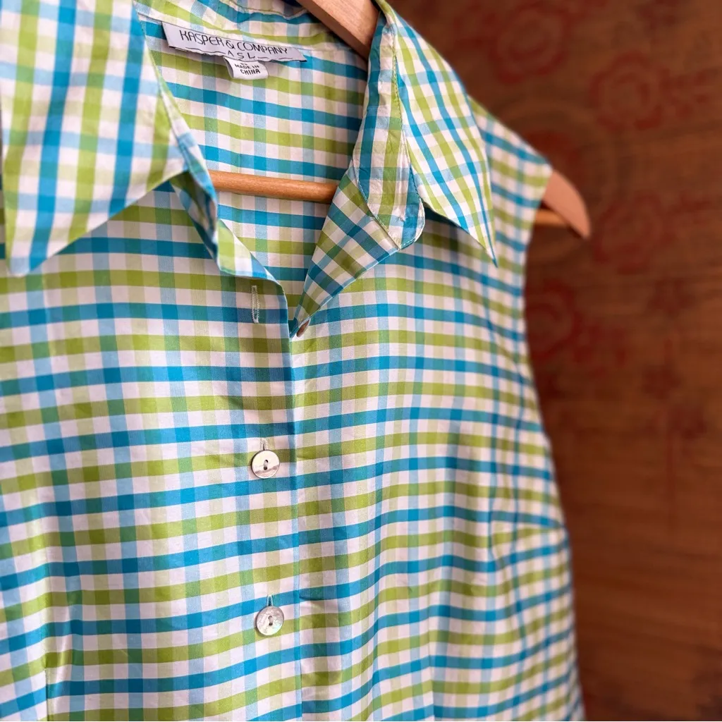 Vintage Silk Gingham Checkered Plaid Sleeveless Button Down Blouse Blue Size 8 - Image 3