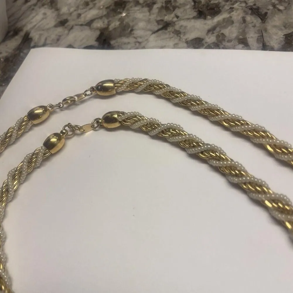 Lot / Set Of 2 Signed Trifari Costume Necklace - Gold Tone / White Bead Beaded - Image 3