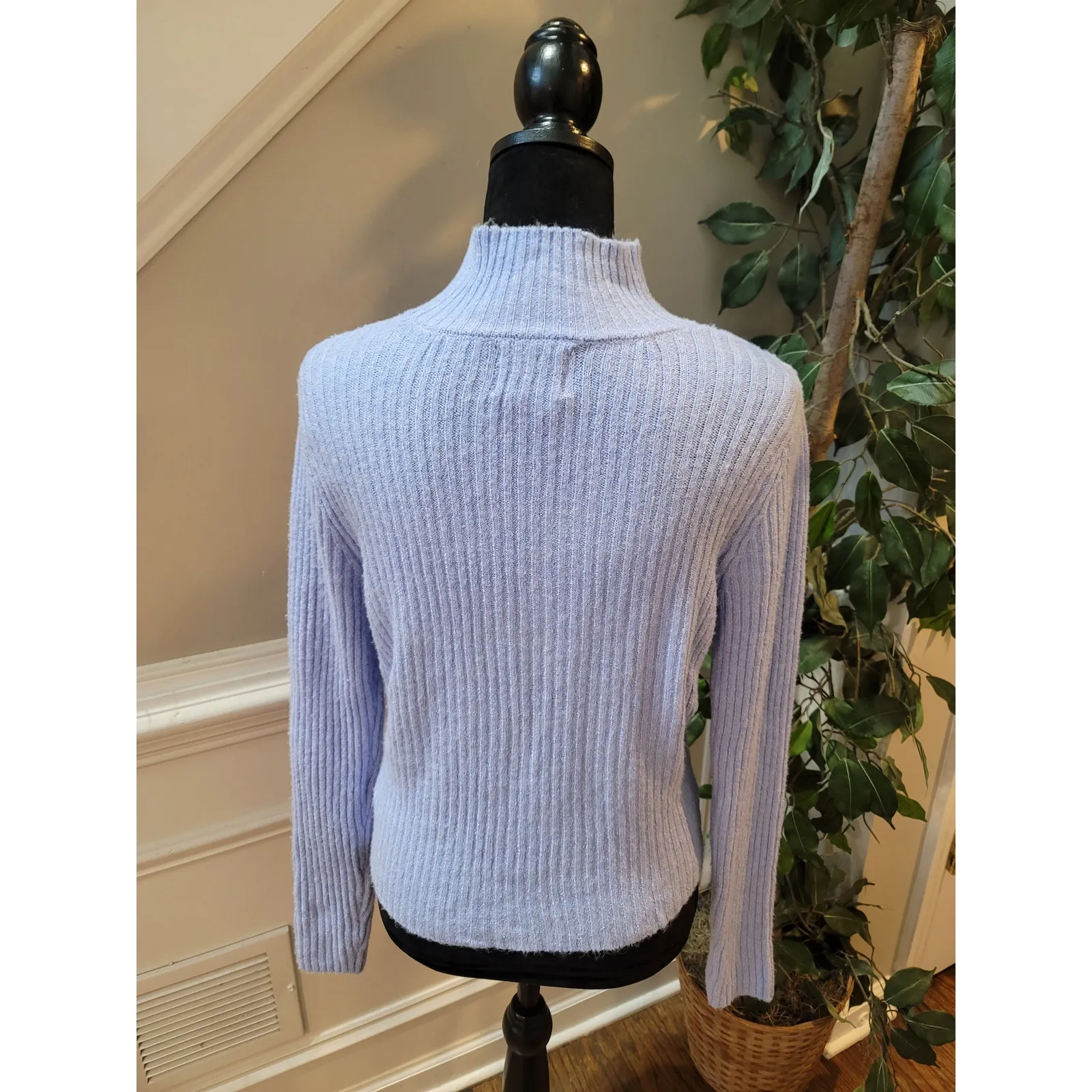 Pink Rose Sweater Women's Large Purple Cutout Mock Neck Long Sleeve Ribbed Knit - Image 7