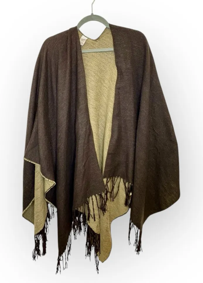 Brown Boho Fringe Poncho Wrap Cape Shawl Layering Piece Festival Style OS - Image 1