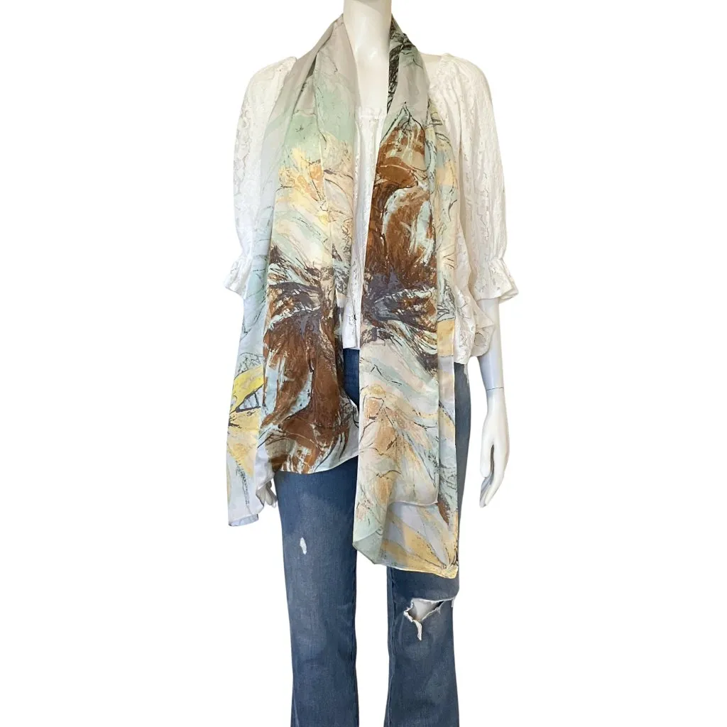 100% Silk Vince Camuto Seafoam Green Yellow Brown Floral Long Scarf Boho 18x72” - Image 6