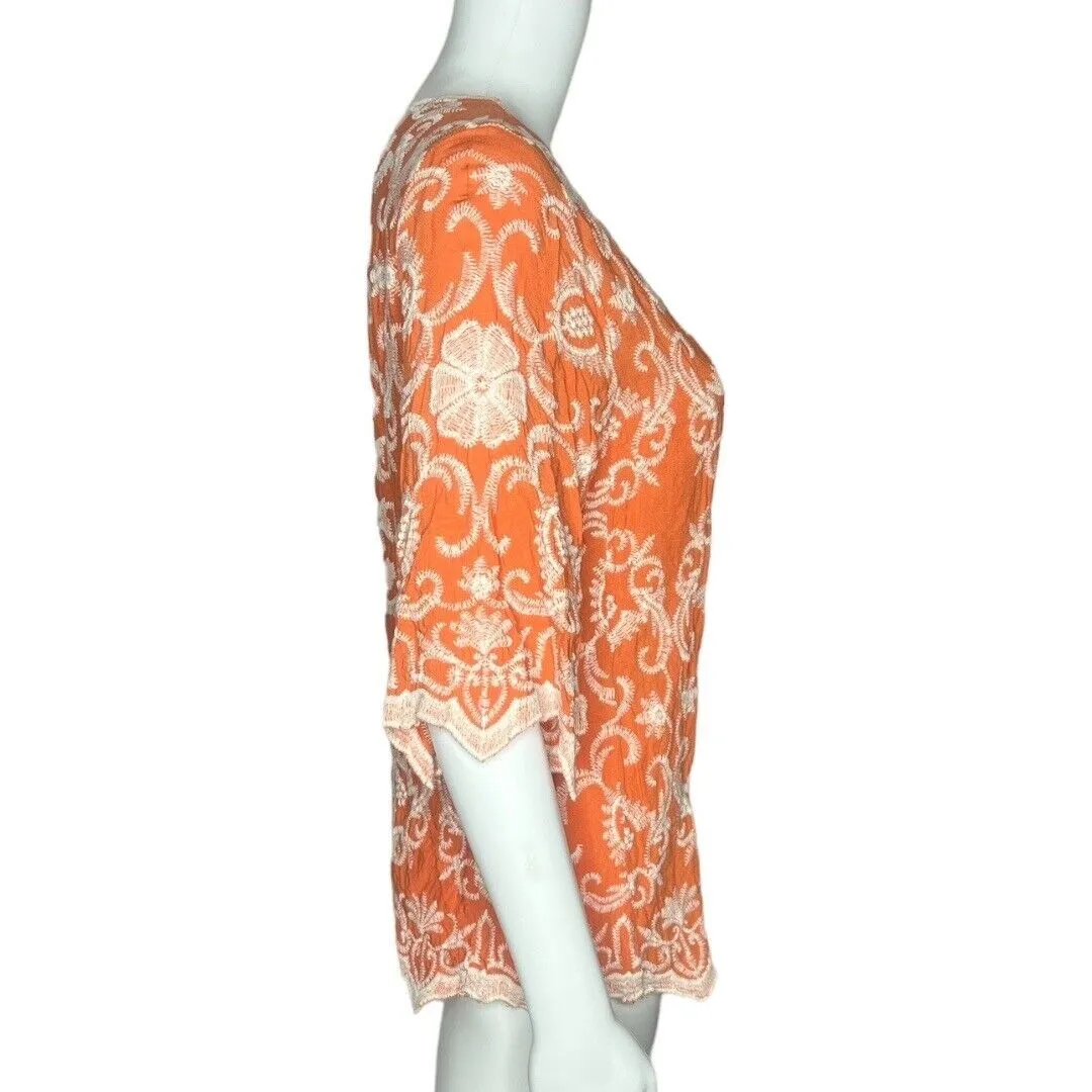 Solitaire Women's Blouse Orange Cream Embroidered Elbow Sleeve Scoop Neck Size S - Image 2