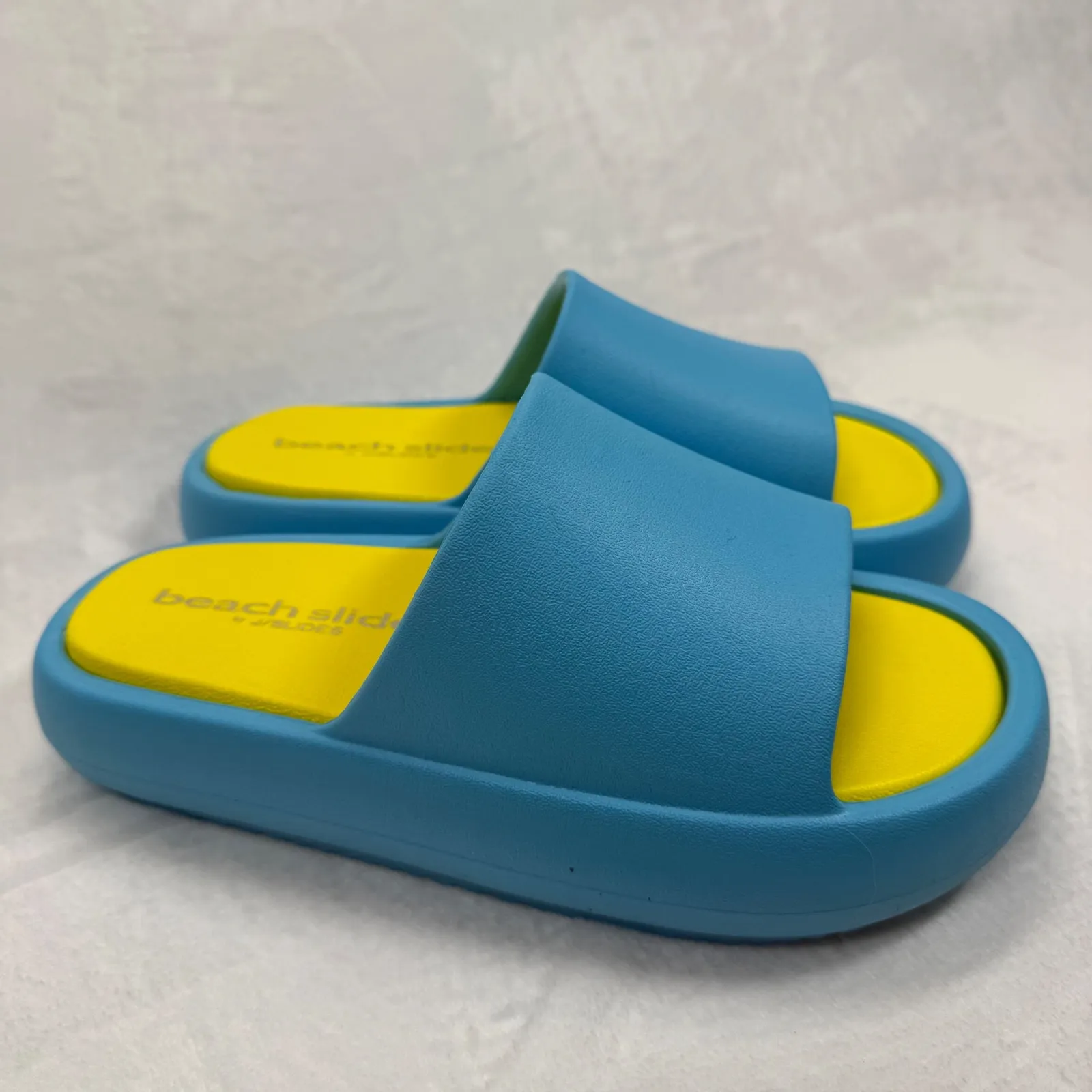 J/Slides Beach Slides Turquoise Yellow EVA Squish Sandals Comfort‎ Size 7M Blue - Image 5