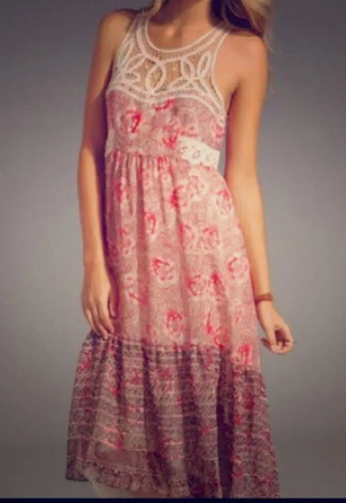 Free People Womens Battenberg Lace Crochet Floral Tiered Maxi Dress Size 2 - Image 2