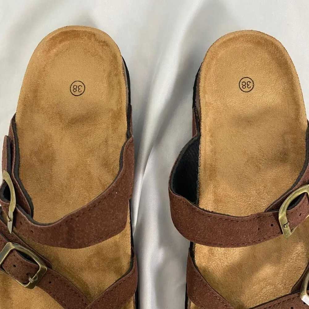 Boho Dark Brown Faux Suede Brassy Gold Buckle Criss Cross Sandals EU 38 / US 7.5 - Image 3