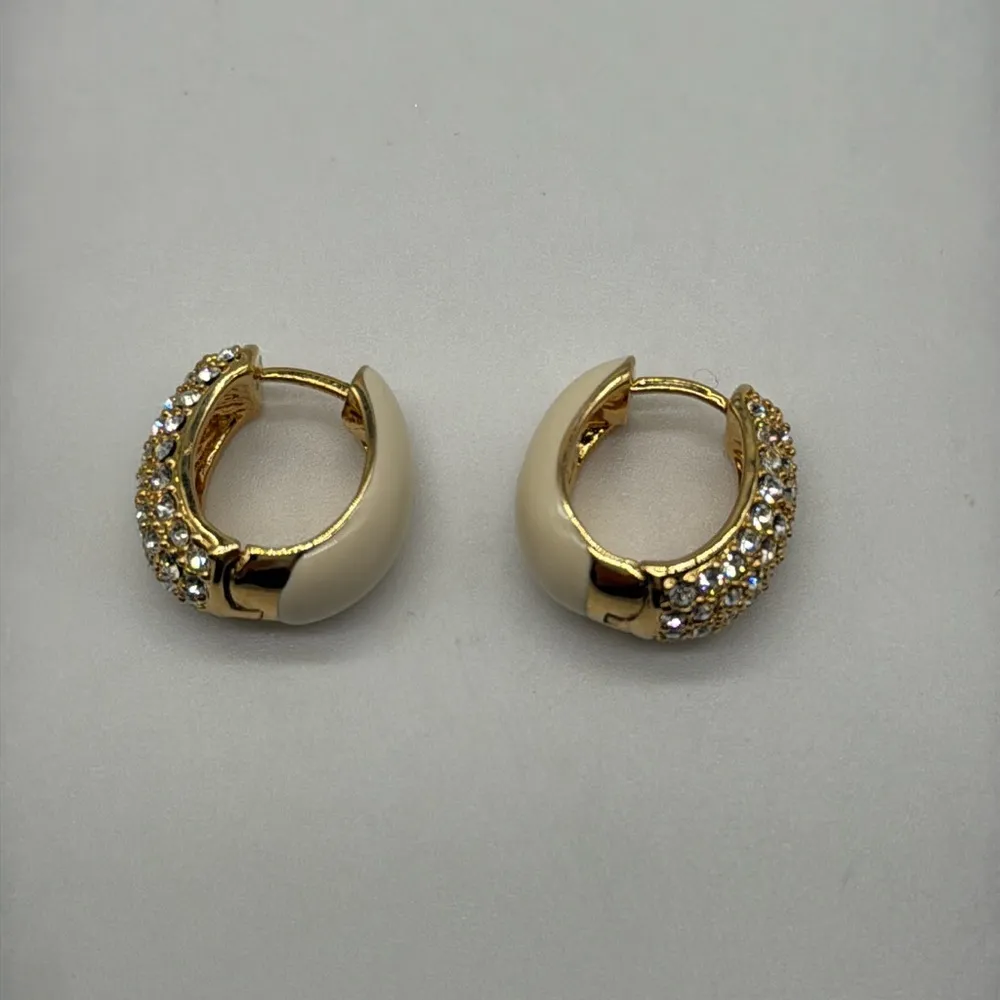 Joan Rivers Gold Plated Crystal Hoop Pierced Earrings Ivory Enamel - Image 4