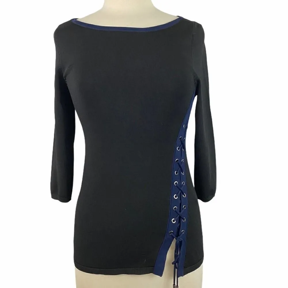 White House Black Market Black Blue Side Lace Up Top Size XS - Image 2