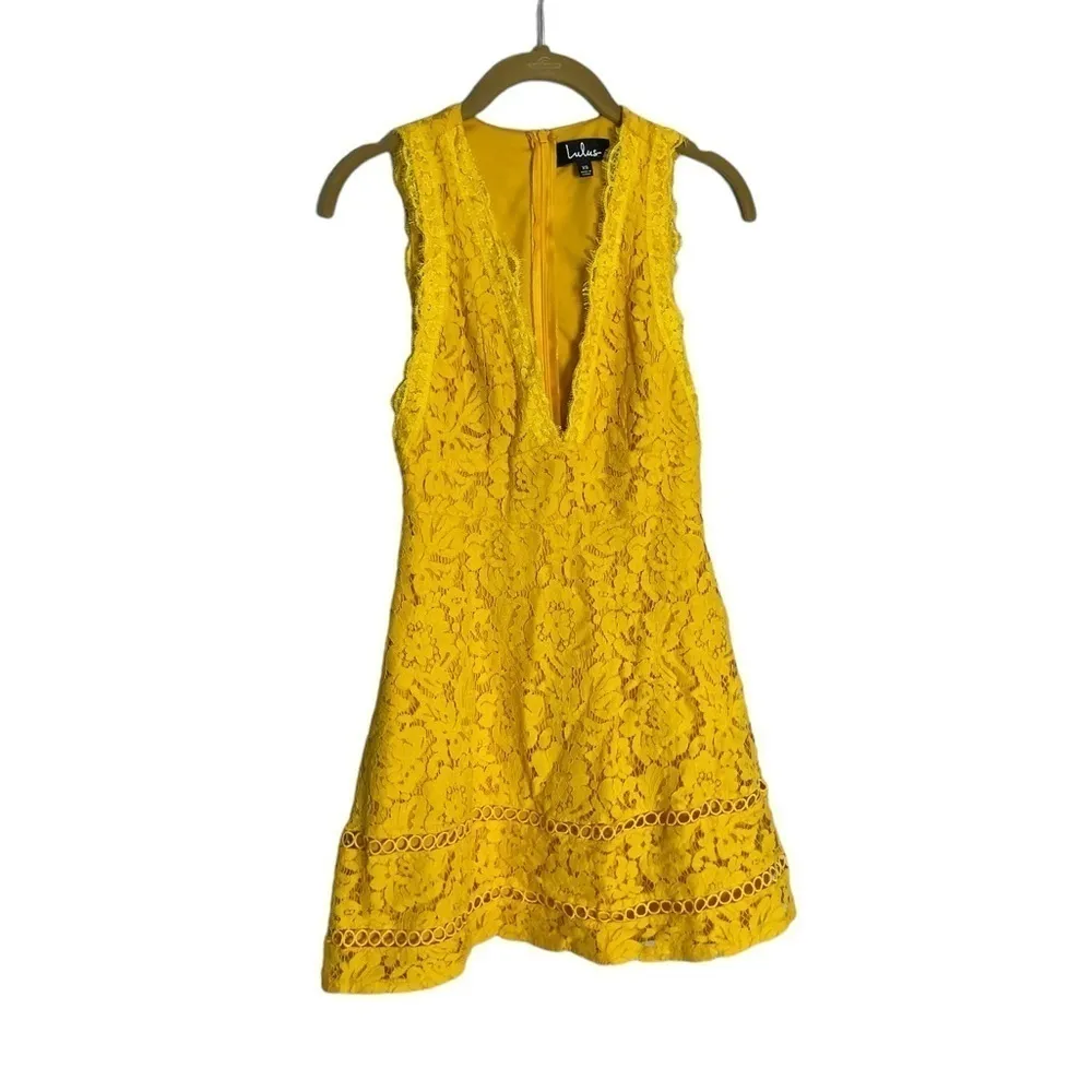 Lulus Mallory Golden Yellow Skater Dress XS Plunge Neckline - Image 2