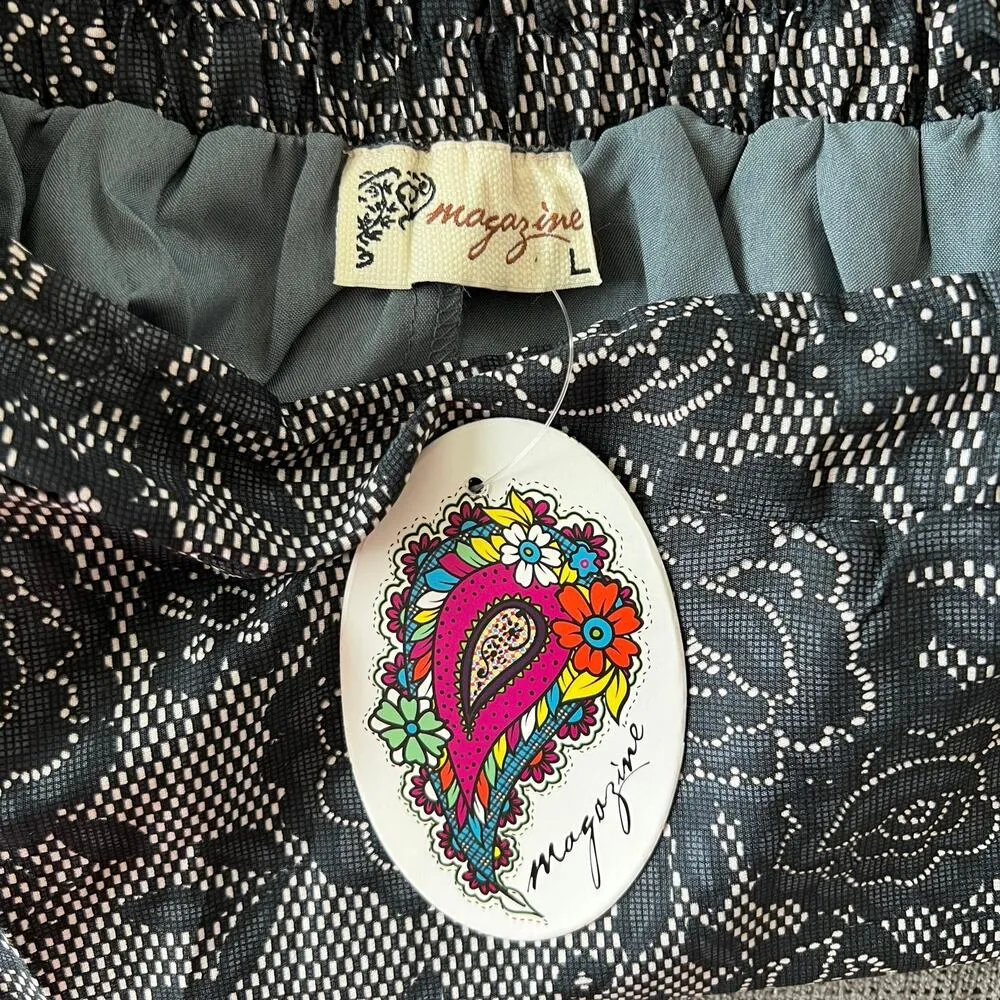 MAGAZINE Pull On Lace Print Mini Skirt Sz L Black/Blue 100% Silk Boho Preppy NEW Black Size L - Image 5