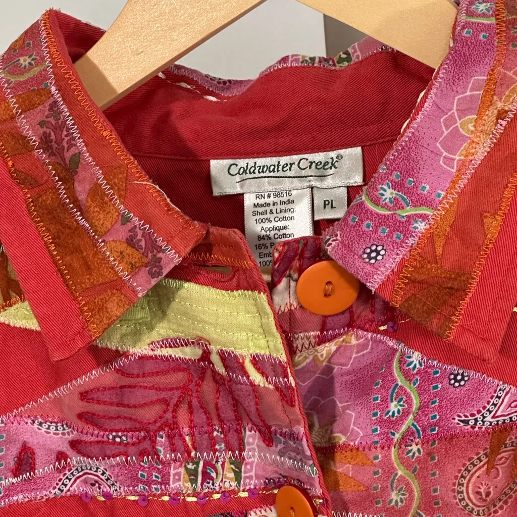 Coldwater Creek Women’s Patchwork Button Jacket Boho Artsy Cotton PL Large - Image 3