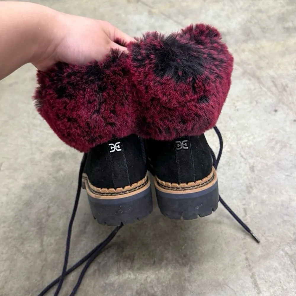 Sam Edelman Women's Bowen Black Leather Raspberry Wine Faux Fur Boots - Image 4