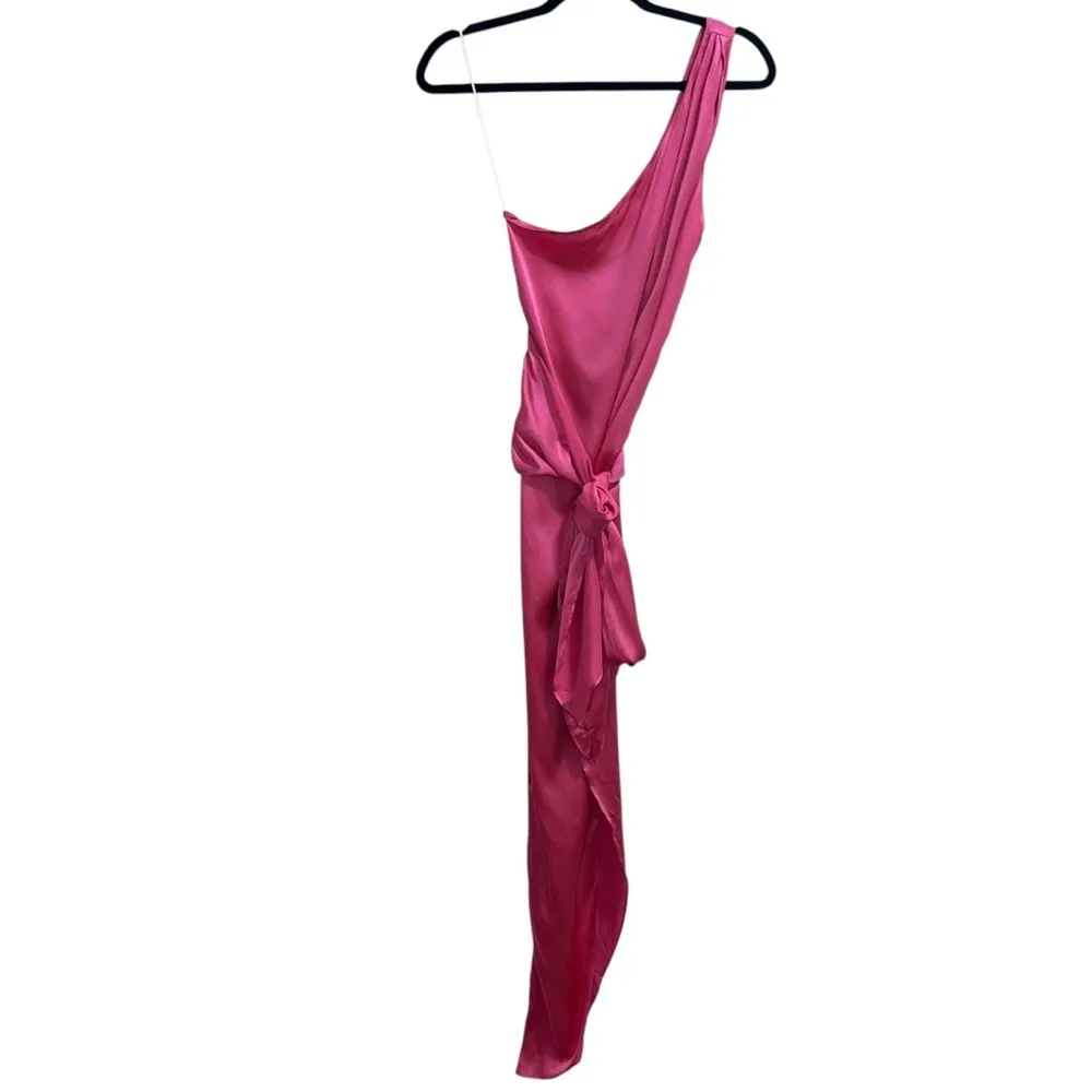 Palmira 100% Silk One Shoulder Wrap Maxi Dress In Pink Ribbon - Image 3