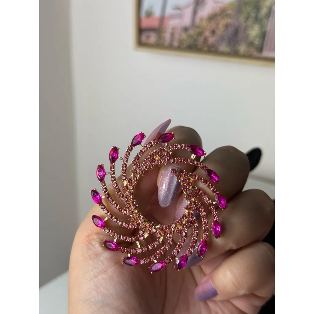 Magenta Pink Swirl Rhinestone Round Statement Earrings Costume Jewelry - Image 7