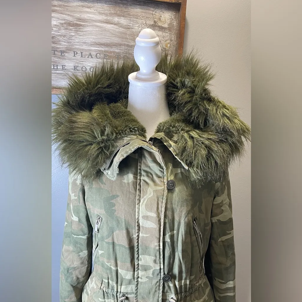Zara Trafuluc Women's Green Army Brown Camo Faux‎ Fur Parka Coat Size XS - Image 5