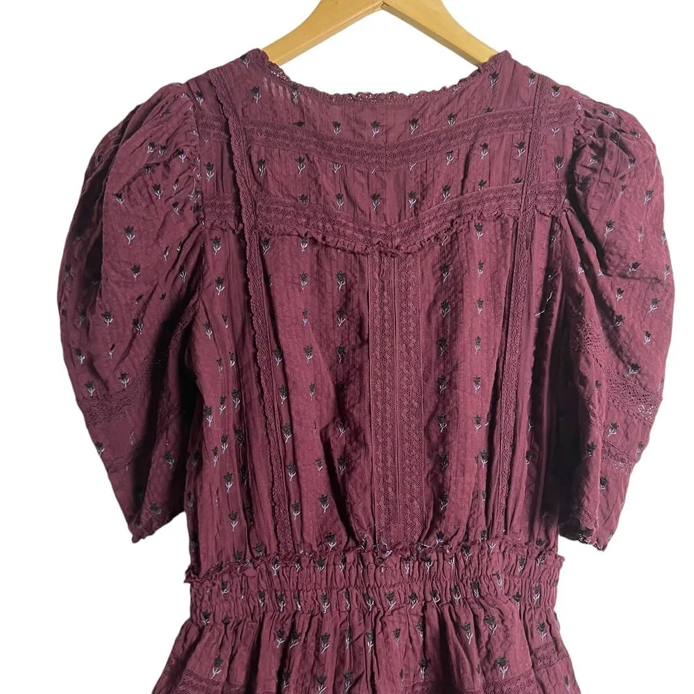 LoveShackFancy Marissa Plum Floral Embroidered Puff Sleeve V-Neck Mini Dress S - Image 8
