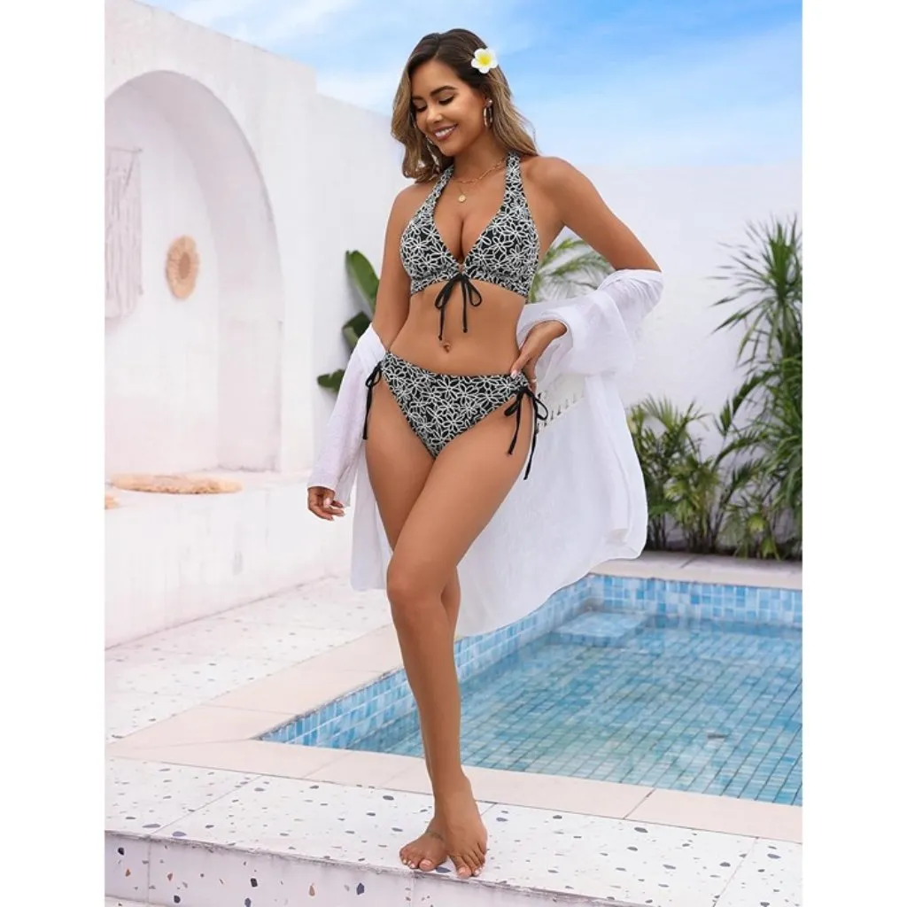 BMJL Large/XL Bikini Floral Black & White 2 Piece Swimsuit Halter Mid Rise NEW - Image 5
