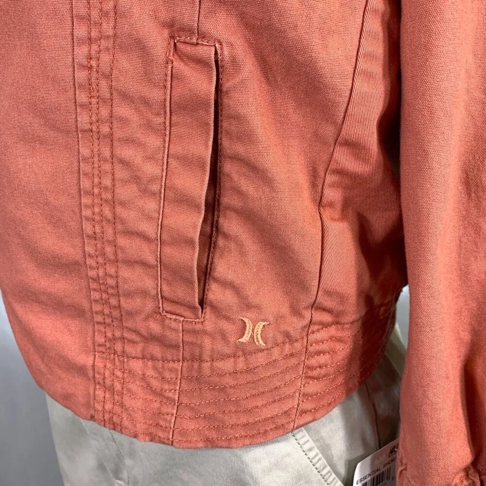 Hurley Womens Jean Jacket Asymmetrical Zip Short Crop Denim Pink Coral XS - Image 9