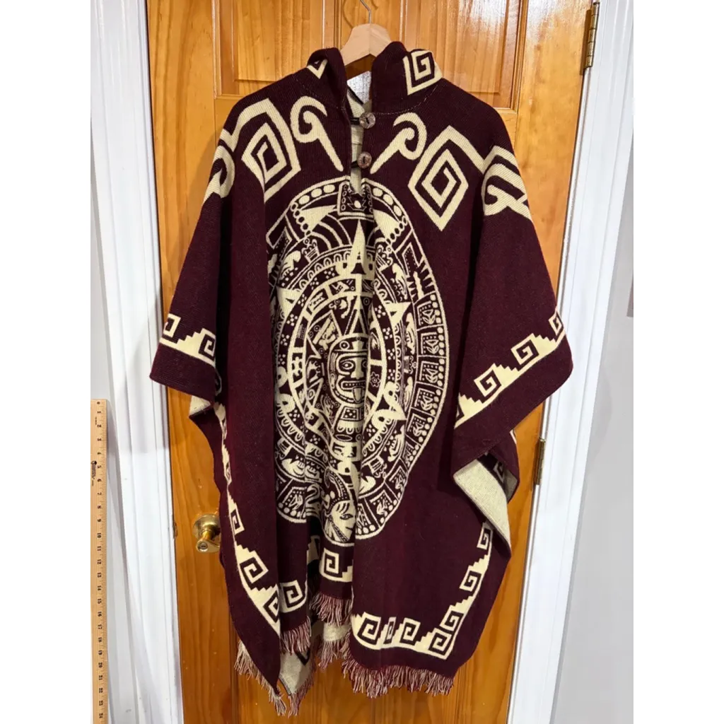 Andes Imports Aztec Inca Calendar Poncho Cape Woven Fringe Ecuador Boho Size undefined - Image 2