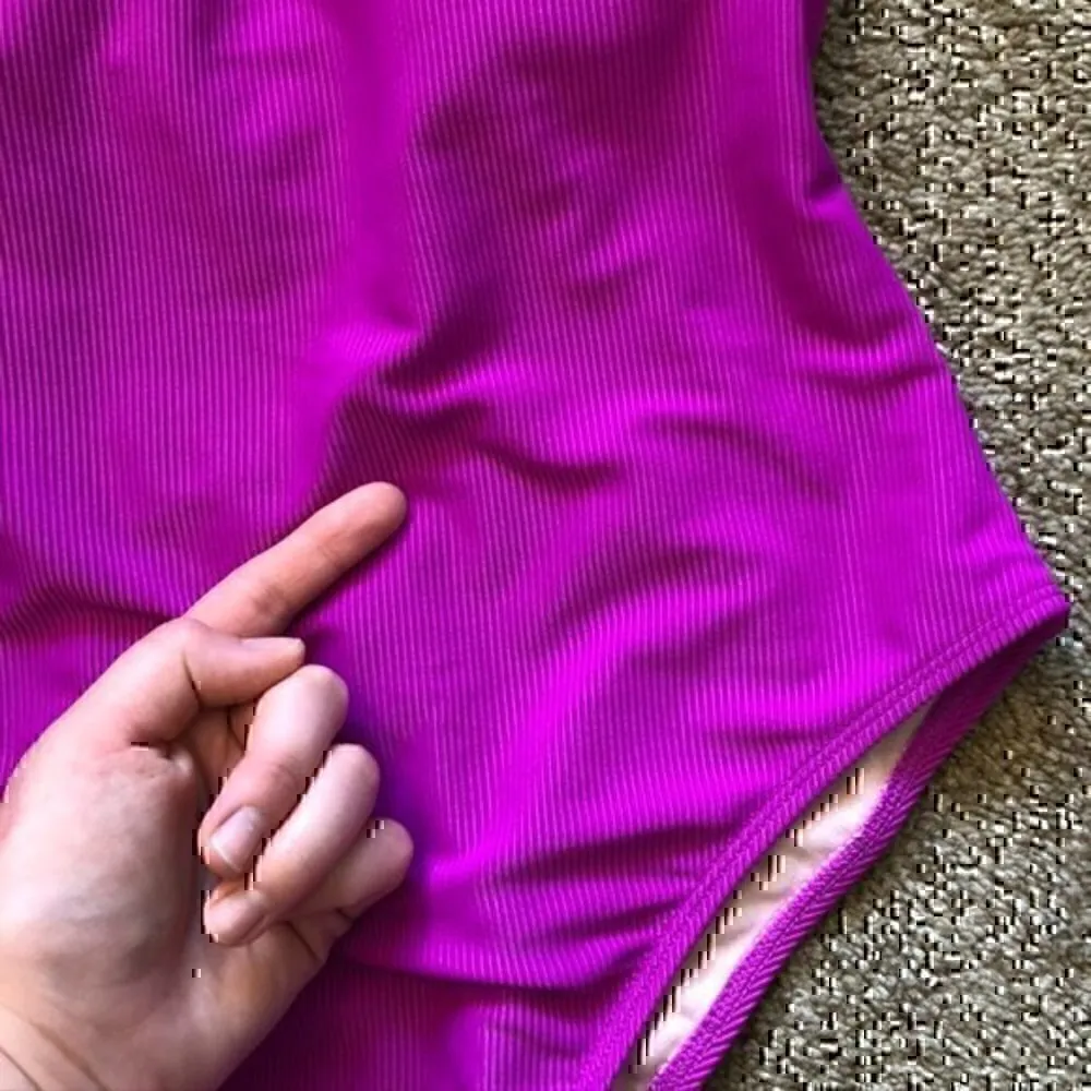 NEW NWT XHILARATION Ribbed Ruffle Shoulder One Piece Swimsuit Purple JRS Large - Image 7