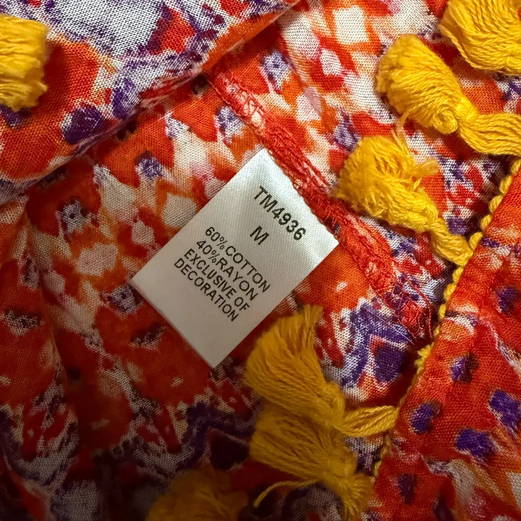 219 NWT THML Moroccan Red and Blue Patterned Top with Yellow Fringe Size Medium - Image 4