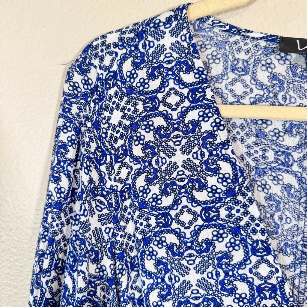 Lulus Blue White Mandala Floral Print Maxi Dress Womens L Boho Modest Romantic - Image 10