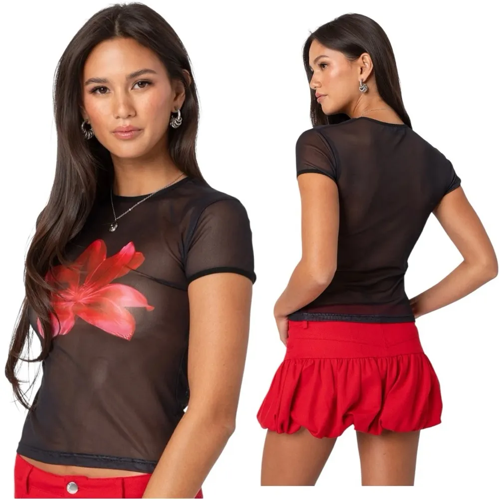 Edikted Black Sheer Top with Red Floral Accent - Image 2