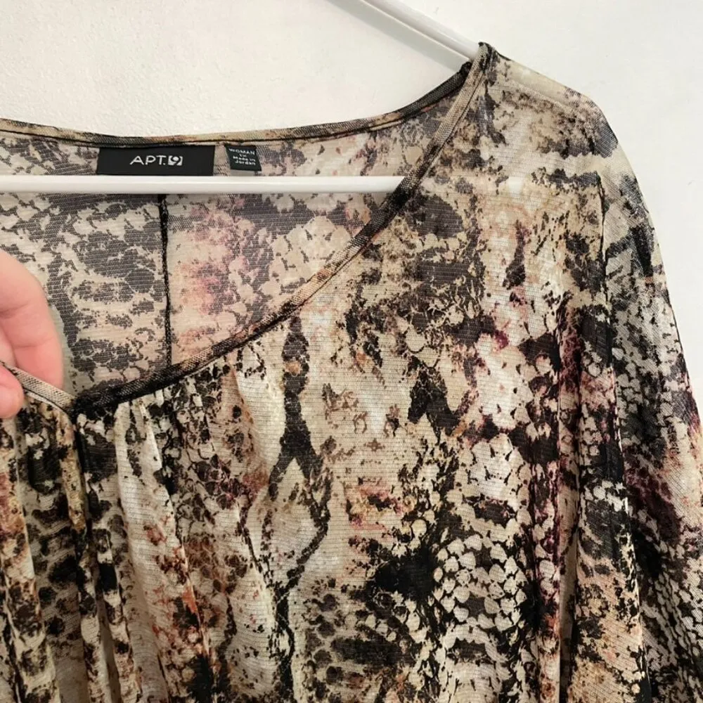 APT. 9 Plus Size Cream Beige Black Brown Snakeskin Snake Belted Tie Mesh Blouse - Image 5