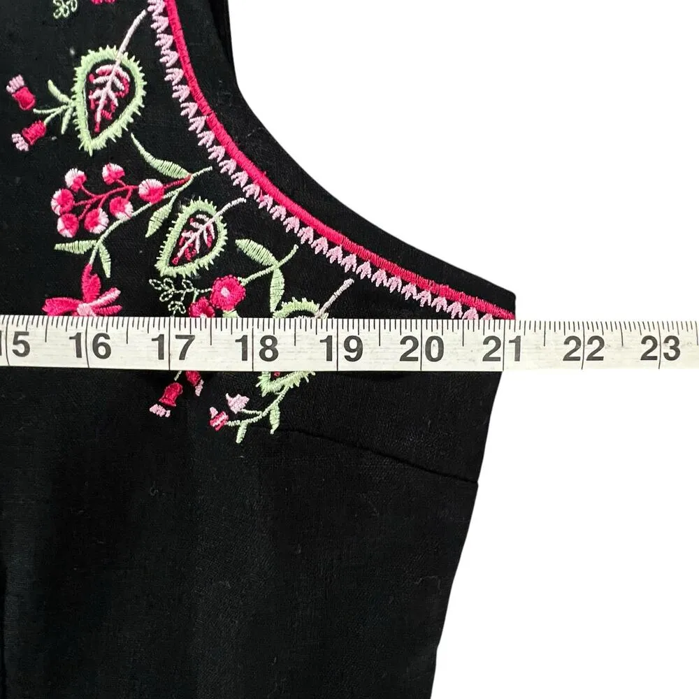 Vintage Citi Dress Womens 16 Black Embroidered Floral Linen Blend Slit Folk Boho - Image 9