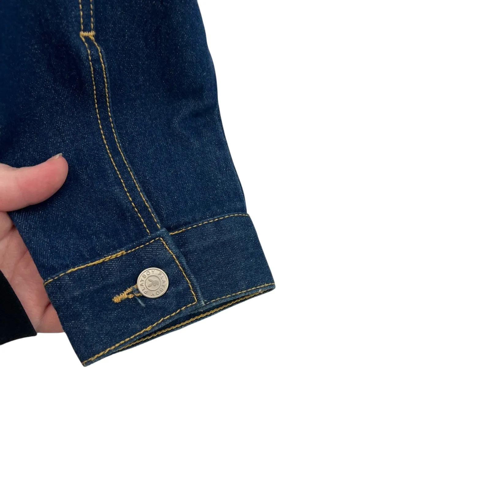 Vintage Playboy Leopard Trim Denim Jacket Y2K Cropped Jean Jacket Size Large - Image 7