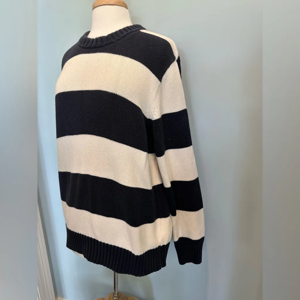 J. Crew Navy and White nautical preppy striped heavy knit sweater size Large - Image 3