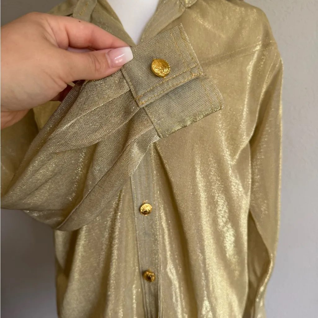 Cache Gold Metallic Sheer Button Down Blouse Womens S Grannycore Vintage - Image 3