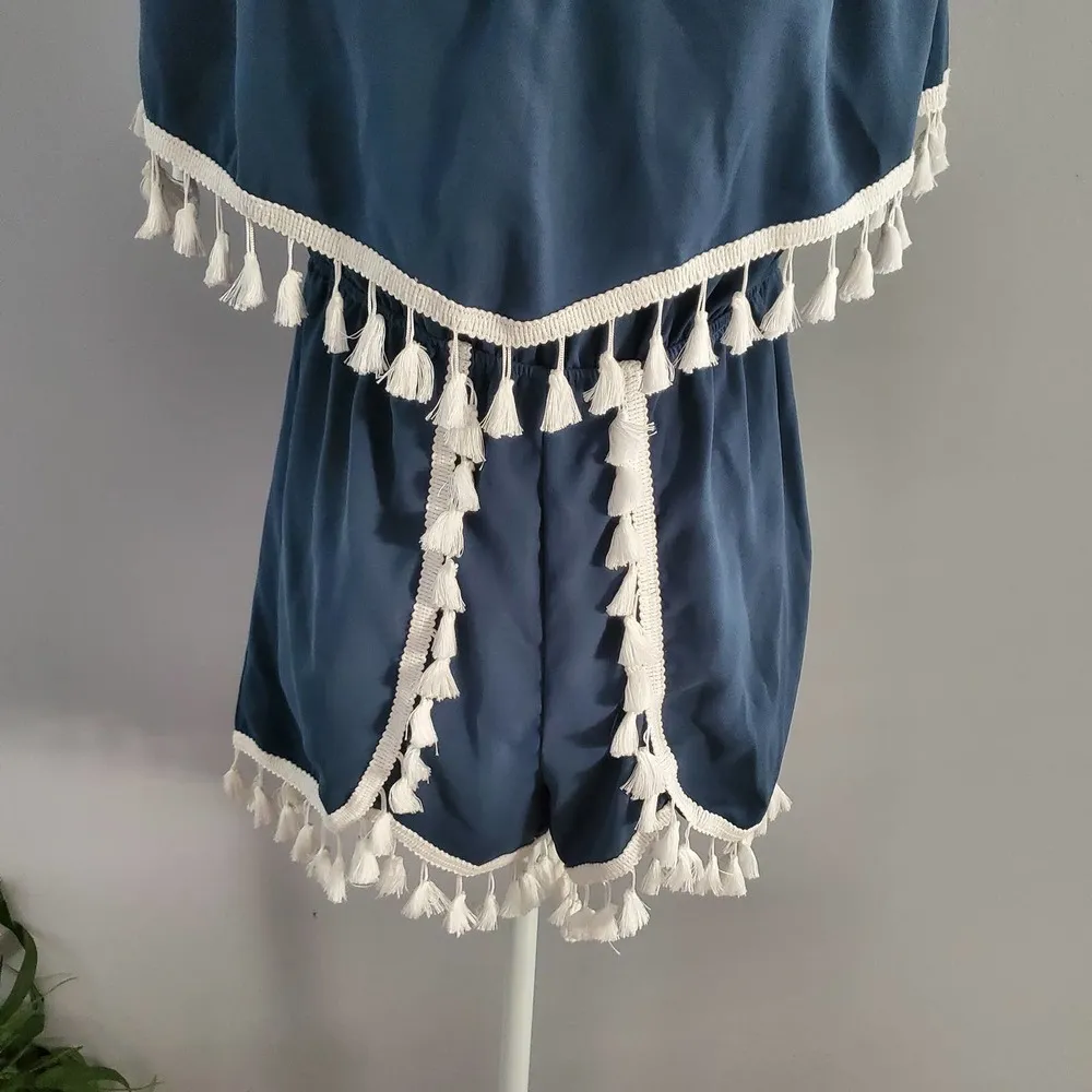 Jack by BB Dakota Blue Off The Shoulder Faith Fringe Trim Romper M - Image 4