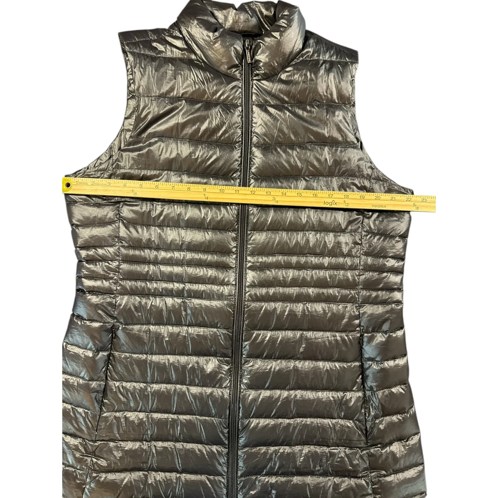 Lands End Black Puffer Vest Women's L Lightweight Full Zip Stand Collar Silver - Image 3