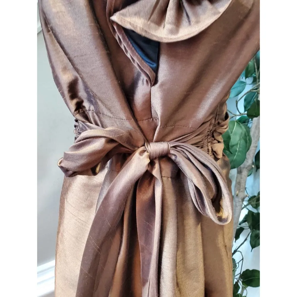 Evan-Picone Women Brown Nylon V-Neck Sleeveless Ruffle Knee Length Dress Size 12 - Image 3