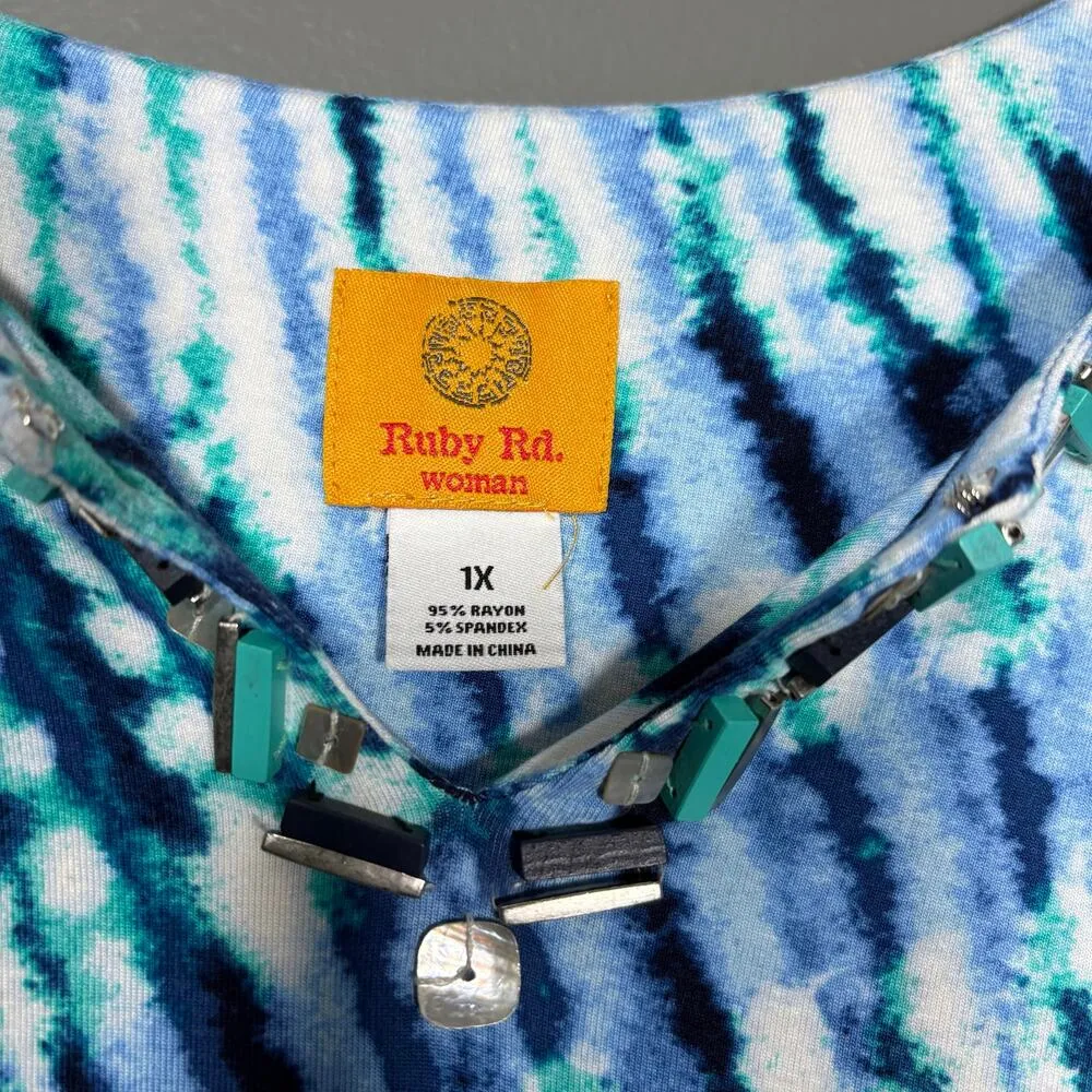 Ruby Rd. Boho Blue Tie Dye Beaded Neck Top - Image 4