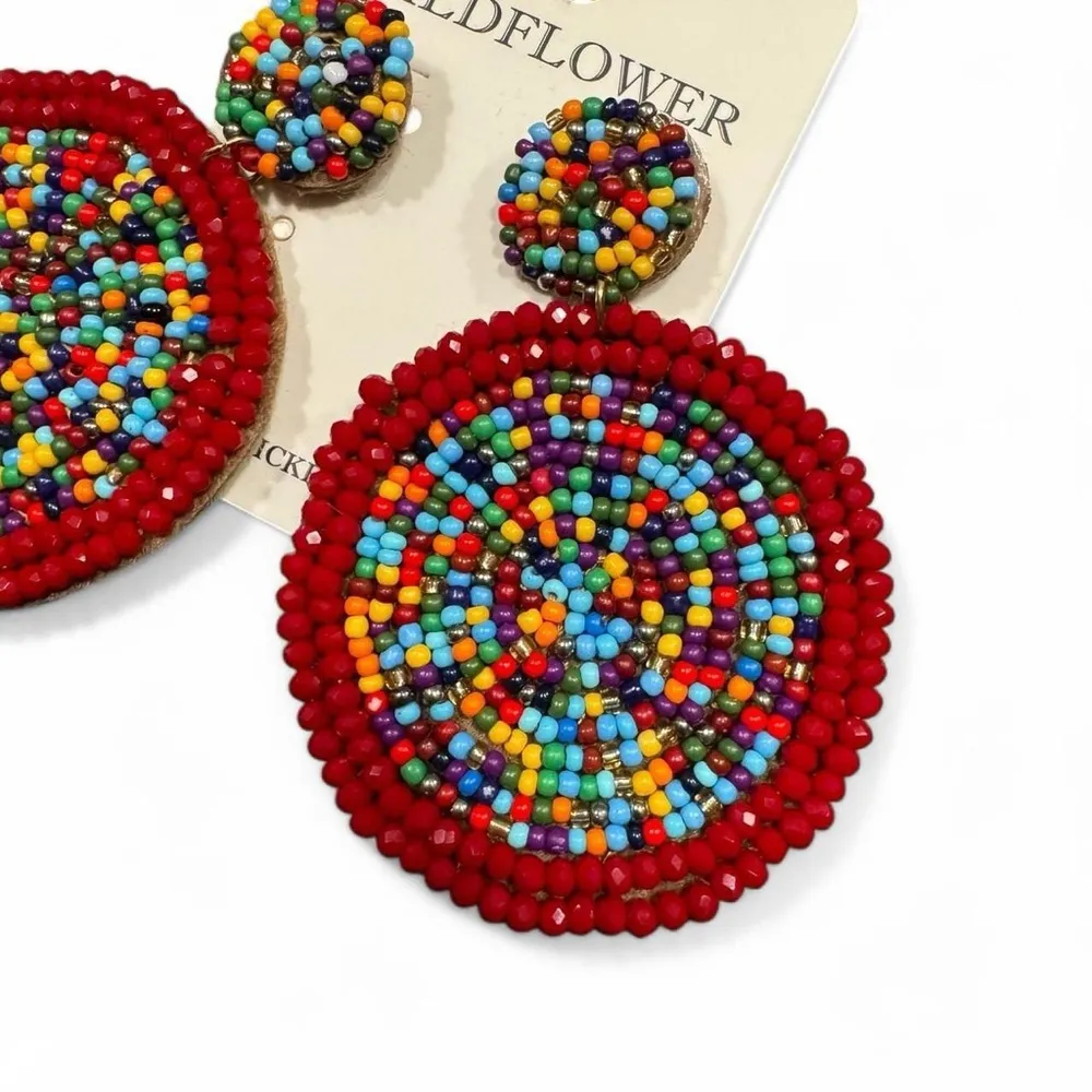 Bohemian Elegant Multicolor Beaded Drop Earrings, Fun Oversized Statement Style Red - Image 2