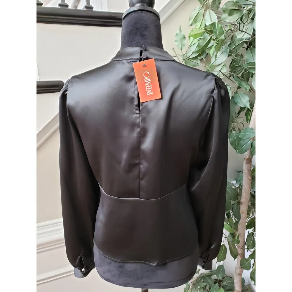 Intempo Top Blouse Womens Small Black Satin Keyhole Front Long Sleeve Mock Neck - Image 3
