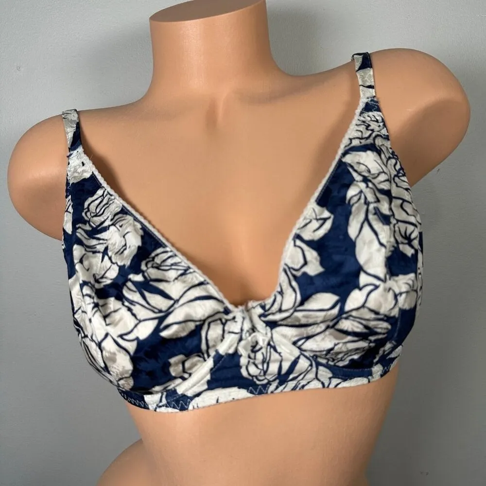 Vintage Adriana Papell 34D Bra Floral Blue White Silk Underwire Plunge 6430 - Image 11
