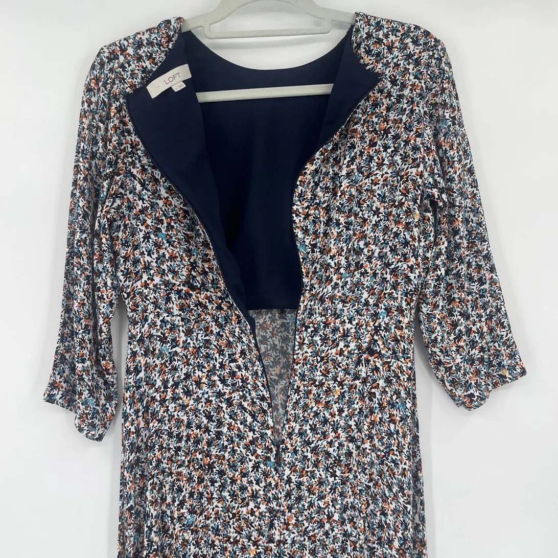 Loft Abstract Floral Midi Dress Sz 4 3/4 Sleeve Preppy Slit Work Cottage Fall - Image 7
