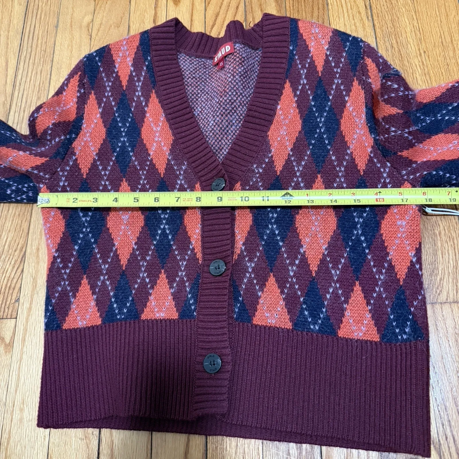 Staud NWT Knave Bordeaux Argyle Cardigan Sweater Size XS - Image 10