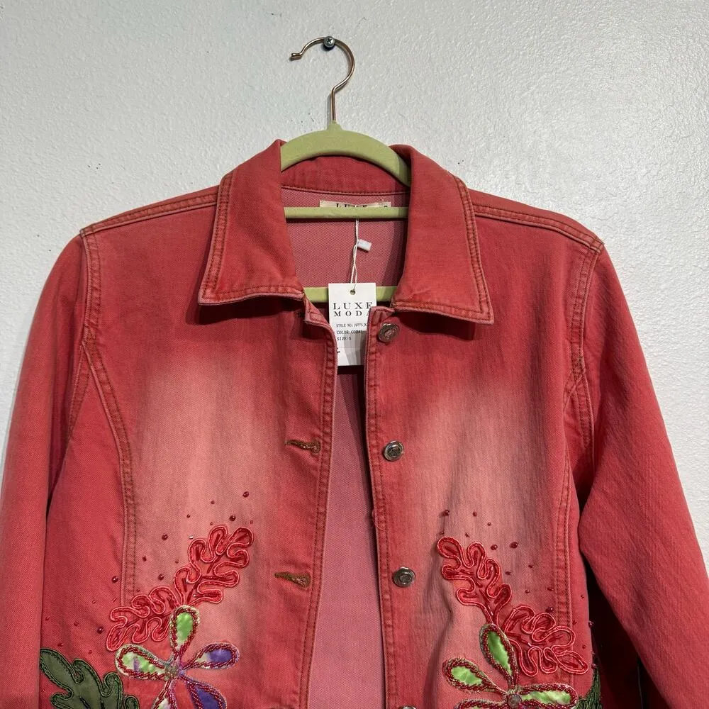 Luxe Moda Pink Denim Floral Embroidered Jean Jacket Sz NWT - Image 3