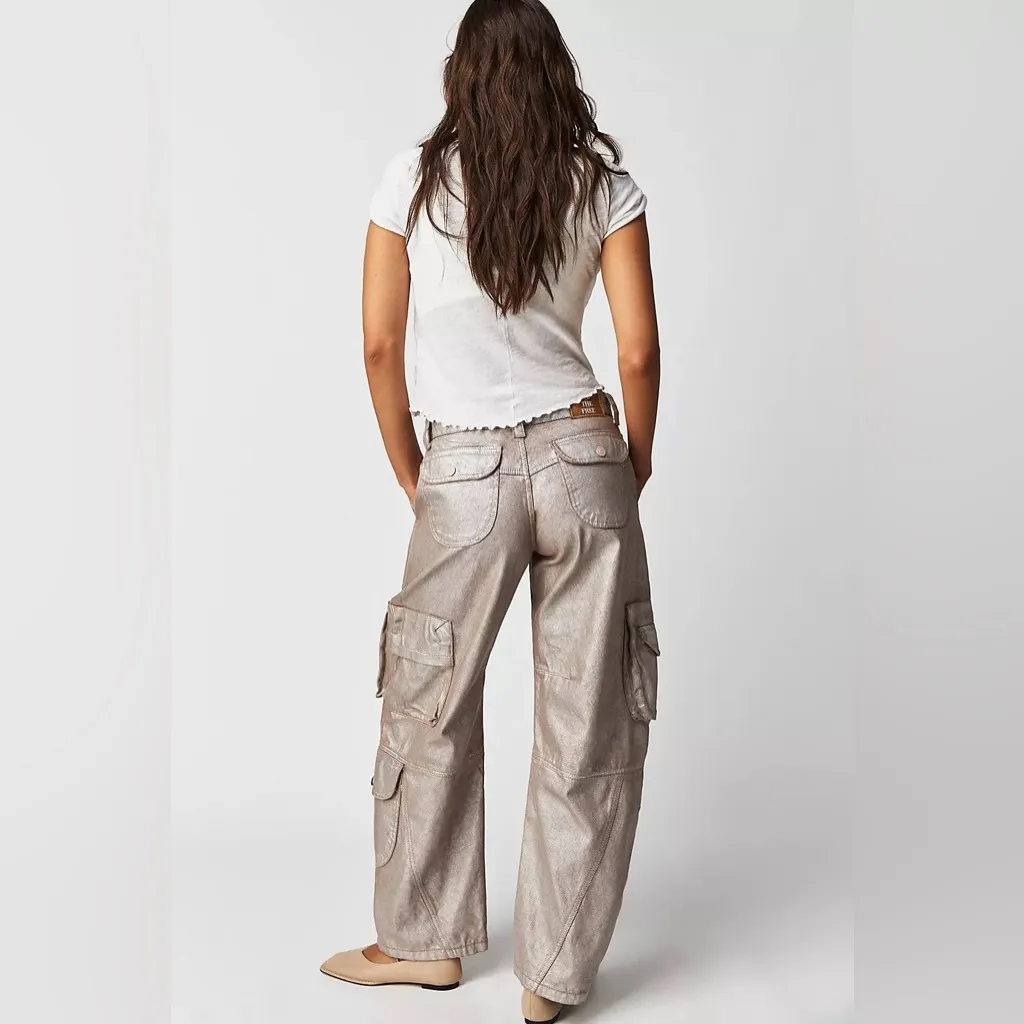 NWOT FREE PEOPLE We The Free Lap Of Luxury Metallic Cargo Pants In Foxy $228MSRP - Image 3