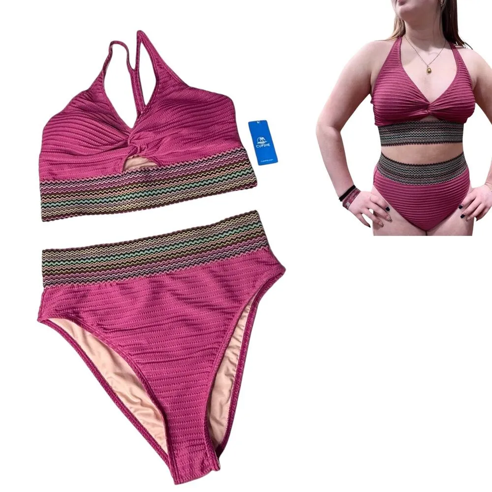 NEW Cupshe SWIMSUIT Women's MED Magenta Twist Peek Bikini Top High Waist Bottom - Image 3