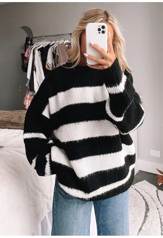 Black & White Stripe Knit Sweater - Image 3