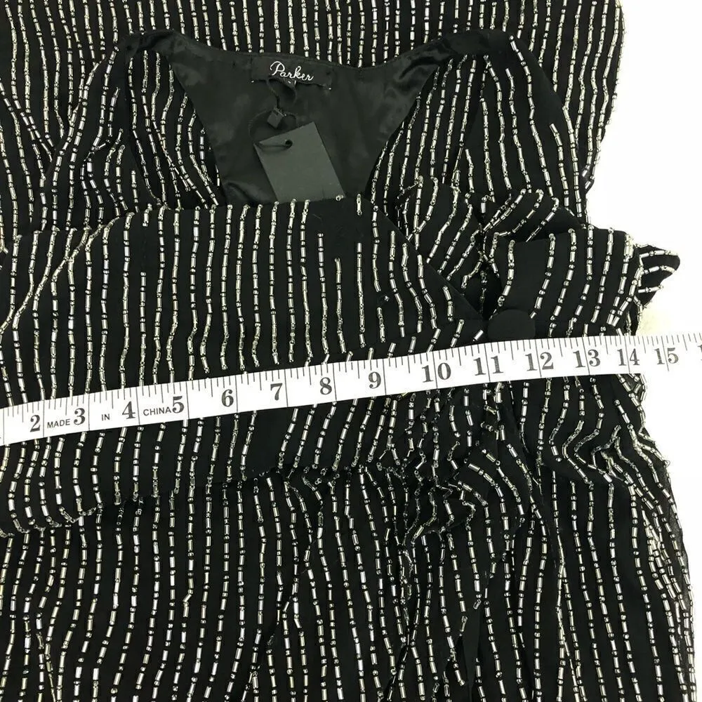 NWT Parker Theron Liquid Silver Beaded Dress 0 New with Tags Black Vneck Split - Image 6