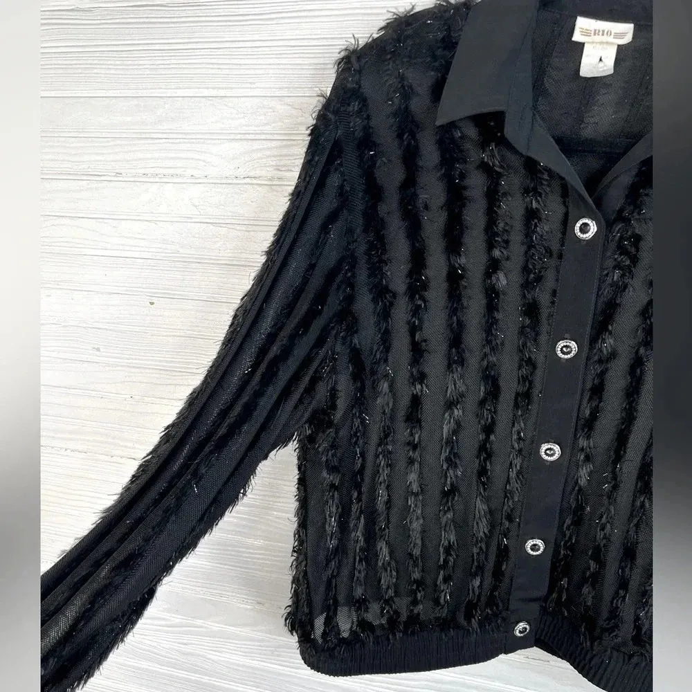 Vintage RIO Black Feather Fringe Jacket Top Rhinestone Buttons Semi Sheer Size M Size M - Image 4
