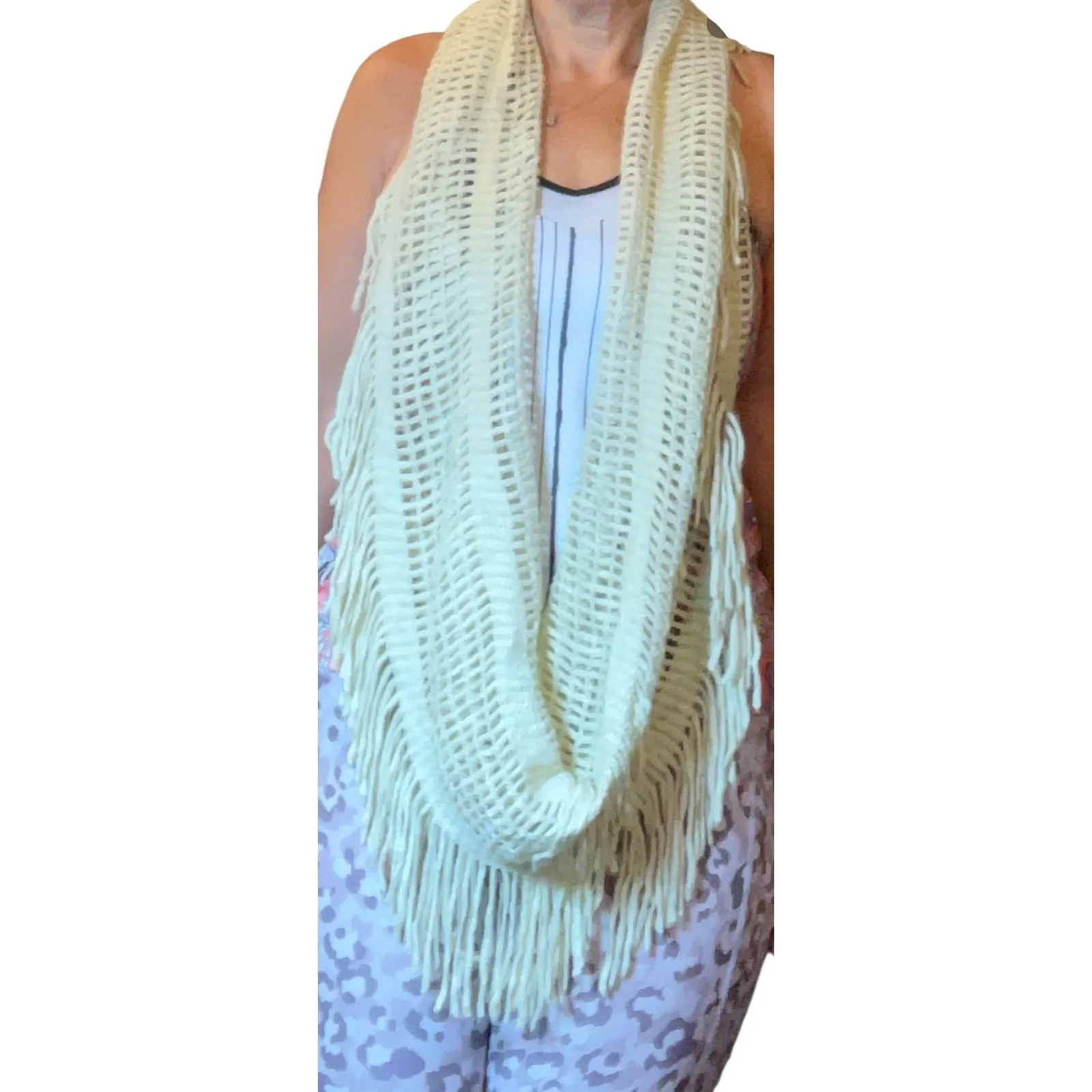 Beige Crochet Infinity Scarf Fringe Boho Festival Cowl 30" Cottagecore Cozy Warm Tan - Image 2