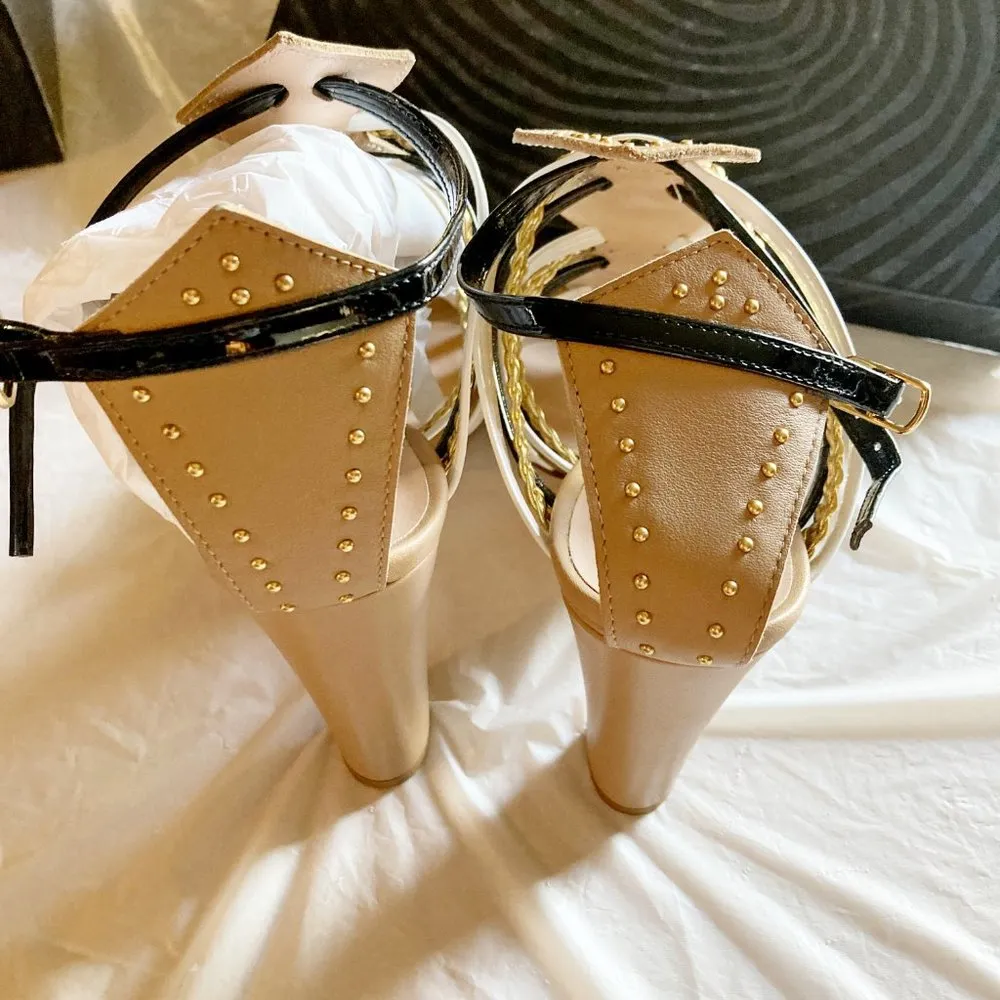 Just Cavalli women's 39 EU gold braided strappy buckle chunky heel sandals - Image 5