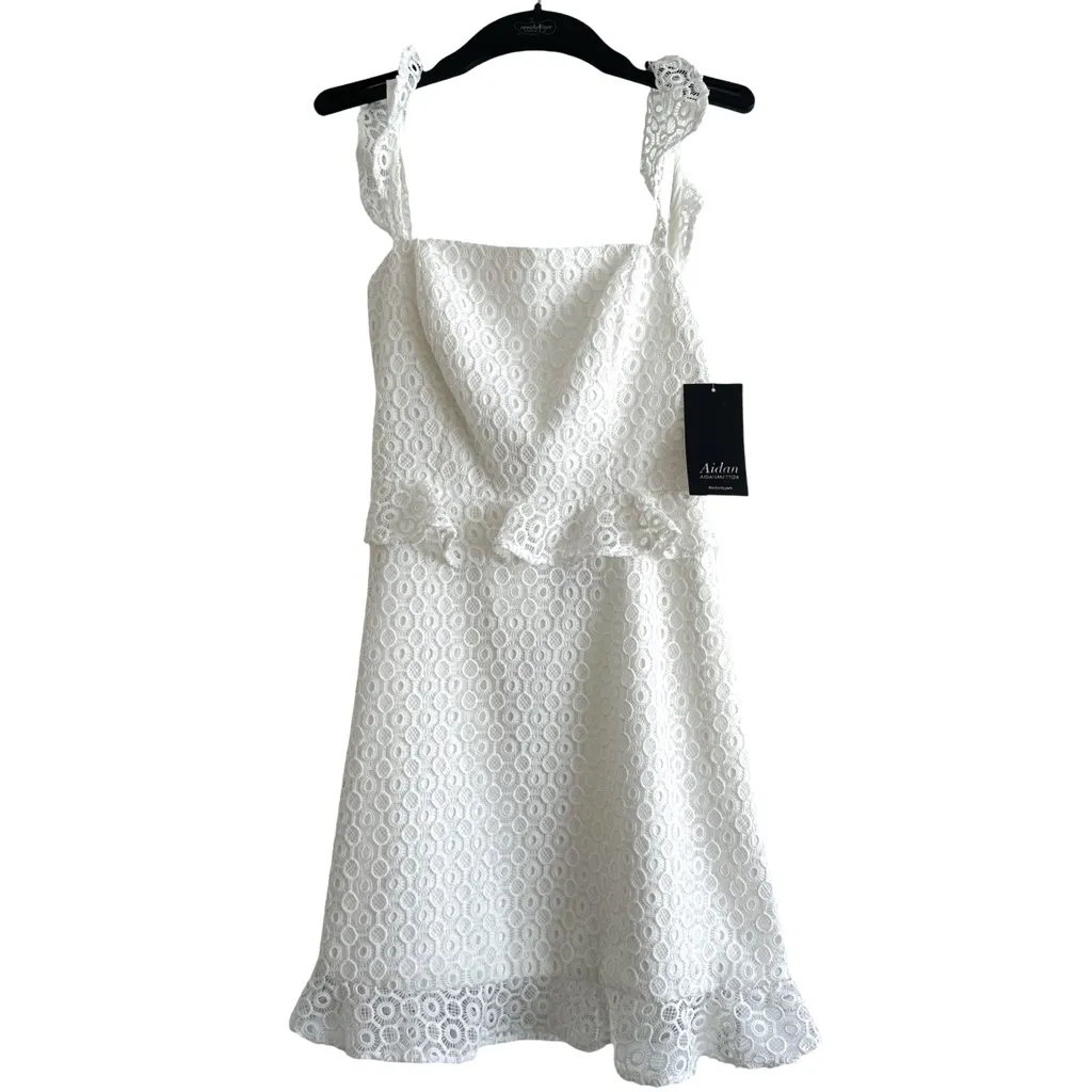NWT Aidan Mattox Ivory Lace Eyelet Ruffle Fit Flare Fully Lined Chic Dress - Image 3